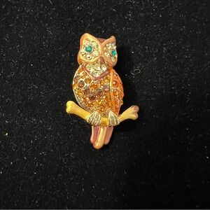 Sparkling Owl Brooch with Green Eyes
